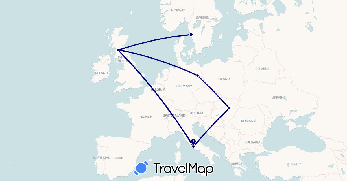 TravelMap itinerary: driving in Germany, United Kingdom, Hungary, Italy, Sweden, Vatican City (Europe)